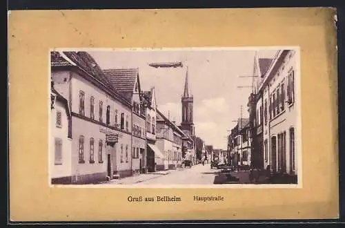 AK Bellheim, Zeppelin über der Hauptstrasse