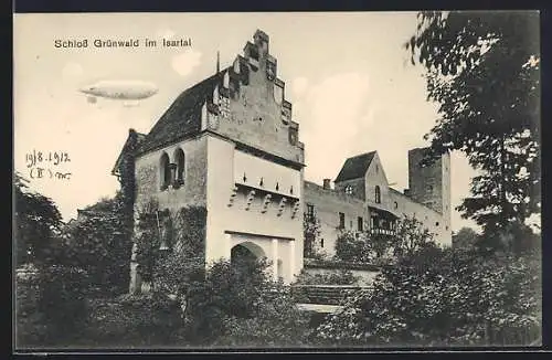 AK Grünwald / Isartal, Zeppelin über dem Schloss