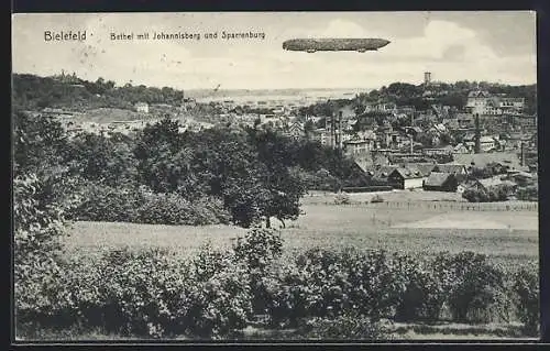 AK Bielefeld, Zeppelin über der Bethel, mit Johannisberg und Sparrenburg