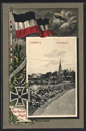 AK Chemnitz, Partie am Schlossteich, Passepartout mit Zeppelin, Deutscher Reichsflagge und Eisernem Kreuz