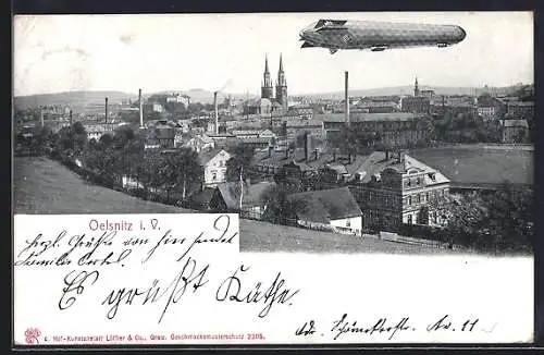 AK Oelsnitz i. V., Zeppelin über der Ortschaft