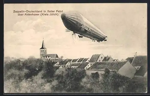 Künstler-AK Aldenhoven /Jülich, Der Zeppelin Deutschland über der Ortschaft