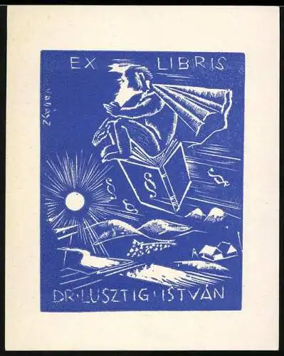 Exlibris Dr. Lusztig Istvan, Zauberer sitzt auf Buch mit Paragraphenzeichen