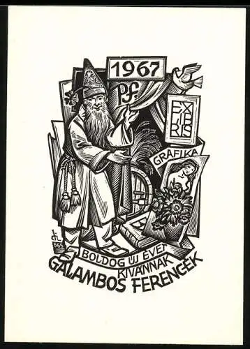 Exlibris von Istvan Drahos für Ferencek Galambos, Gelehrter mit Grafiken & Büchern