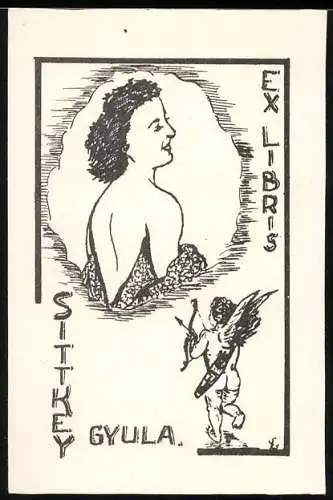 Exlibris Sittkey Gyula, Brünette Dame entkleidet sich, Amor Engel