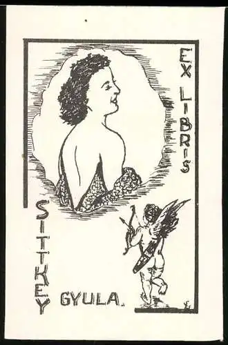 Exlibris Sittkey Gyula, Brünette Dame entkleidet sich, Amor Engel