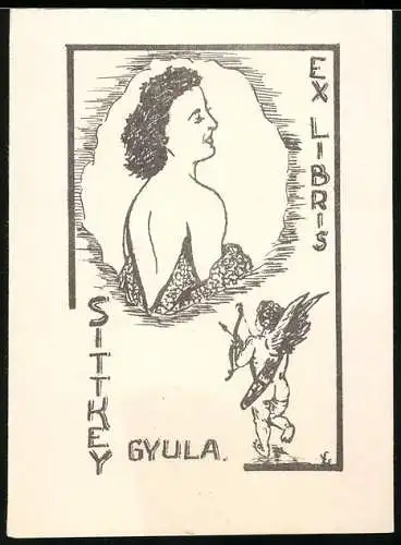 Exlibris Sittkey Gyula, Brünette Dame entkleidet sich, Amor Engel