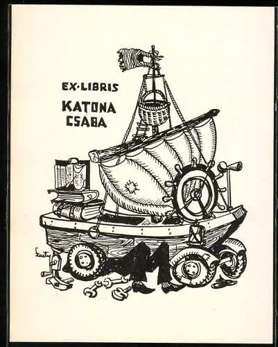 Exlibris Katona Csaba, Segelboot wird zum Amphibienfahrzeug umgebaut