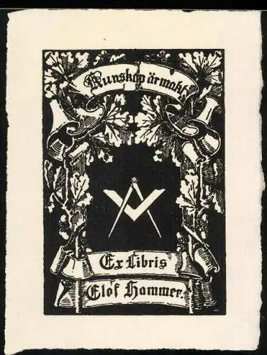Exlibris Olaf Hammer, Freimaurer Symbole Zirkel und Winkel umgeben von Eichenlaub