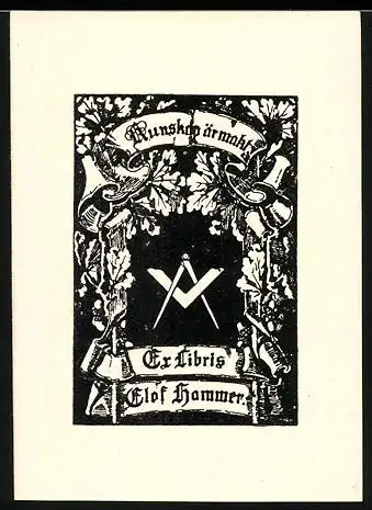 Exlibris Olaf Hammer, Freimaurer Symbole Zirkel und Winkel umgeben von Eichenlaub