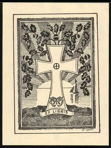 Exlibris Kreuz vor Dämmerung und Eichenzweigne