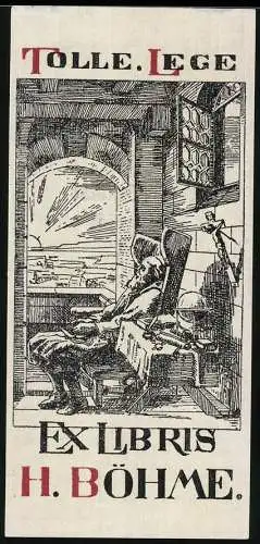 Exlibris H. Böhme, Tolle Lege, Gelehrter in seinem Arbeitszimmer