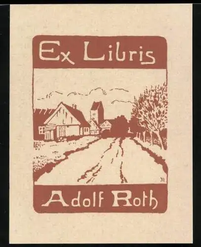 Exlibris von Axel Nilsson für Adlf Roth, Strassenpartie mit Ortsansicht, rot