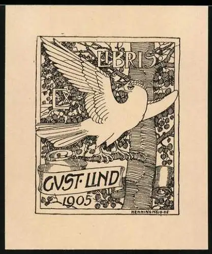 Exlibris von Henningn Nöjd für Gustav Lind, Taube im Baum sitzend