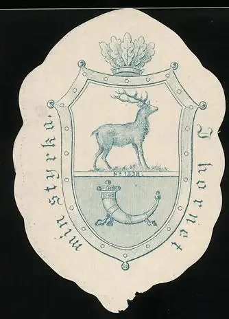 Exlibris I Hornet min styrka, Wappen mit Hirsch und Horn, blau