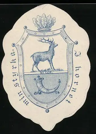 Exlibris I Hornet min styrka, Wappen mit Hirsch und Horn, blau