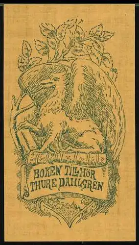 Exlibris Anton Wahledov für Thure Dahlgren, Greif auf Buch sitzend