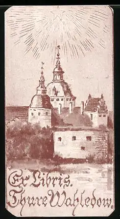 Exlibris Thure Wahledow, Blick auf eine Kathedrale, rot