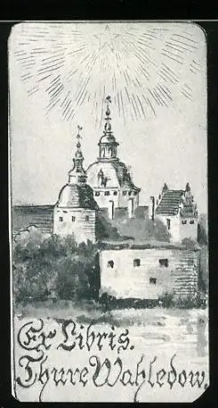 Exlibris Thure Wahledow, Blick auf eine Kathedrale, blau