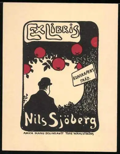 Exlibris von Thore Wahlström für Nils Sjöberg, Mann unter Obstbaum sitzend