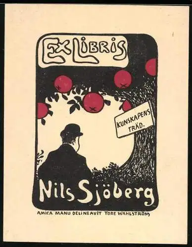 Exlibris von Thore Wahlström für Nils Sjöberg, Mann unter Obstbaum sitzend