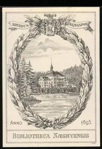 Exlibris Bibliotheca Naesbyensis 1895, Schloss im Lorbeerkranz, Wappen