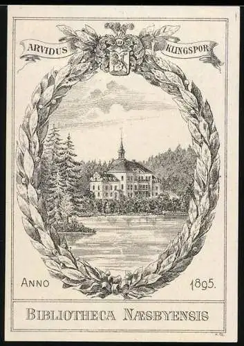 Exlibris Bibliotheca Naesbyensis 1895, Schloss im Lorbeerkranz, Wappen