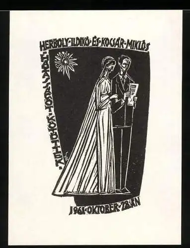 Exlibris von Bela Stettner für Kotottek, Hochzeitspaar kurz nach der Trauung