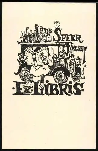 Exlibris Dr. Jozsef Speer, Autofahrer liest Zeitung, Spirituosen-Sammlung auf dem PKW