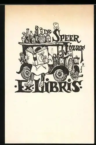 Exlibris Dr. Jozsef Speer, Autofahrer liest Zeitung, Spirituosen-Sammlung auf dem PKW