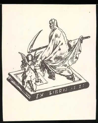 Exlibris Blanko, Der Tod mit Sense nebst Armor Engel auf einem Buch