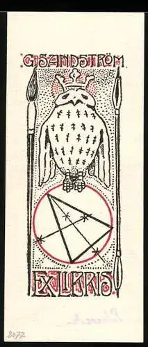Exlibris G. Sandström, Eule mit Krone von Pinseln flankiert
