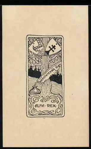 Exlibris Alma Rek, Wappen in der Eiche, Tintenfass & Schreibfeder