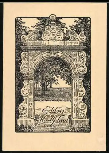 Exlibris von Ella Waldenström für Karl J. Lind, Tunaportalen a Malslätt