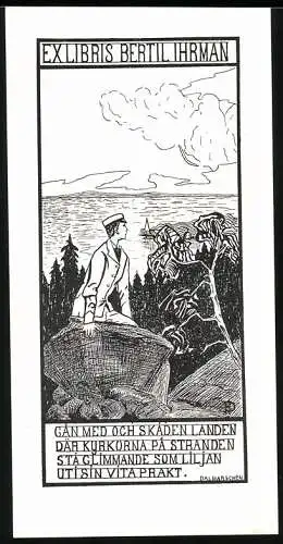Exlibris von Stud. Med. D. Hemström für Stud. Jur. G. B. Ihrman, Student vor Landschaftspanorama