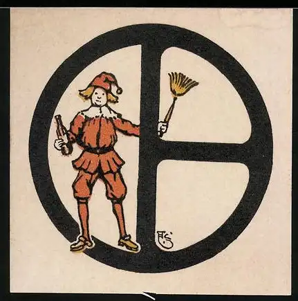 Exlibris Blanko, Harlekin mit Bierflasche und Staubfeudel