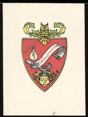 Exlibris R. Wieselgren, Wappen mit Eule & Ritterhelm