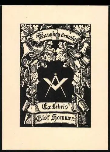 Exlibris Olaf Hammer, Eichenlaub und Freimaurer-Symbolik Winkel und Zirkel