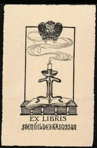 Exlibris Sven Hildebrandsson, Eule schwebt über brennender Kerze, beige