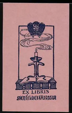 Exlibris Sven Hildebrandsson, Eule schwebt über brennender Kerze, rosa
