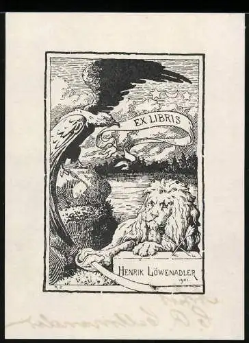 Exlibris Henrik Löwenadler, Adler mit banner nebst Löwe mit Schwert