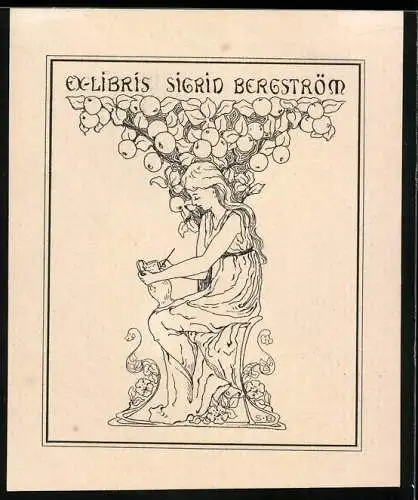 Exlibris Sigrid Bergström, junge Kunstmalerin gestaltet eine kleine Amphore unter Obstbaum