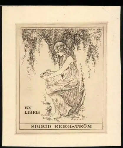 Exlibris Sigrid Bergström, junge Kunstmalerin gestaltet eine kleine Amphore unter einem Baum