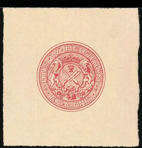 Exlibris Nils W. Hedström, Wappen von Löwen flankiert