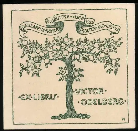 Exlibris Victor Odelberg, Apfelbaum und Banner, grün