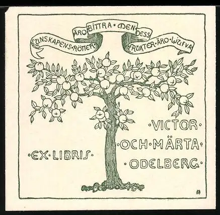 Exlibris Victor Odelberg, Apfelbaum und Banner, grün