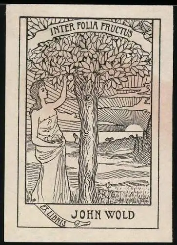 Exlibris John Wold, junge Frau pflückt Obst, Jugendstil