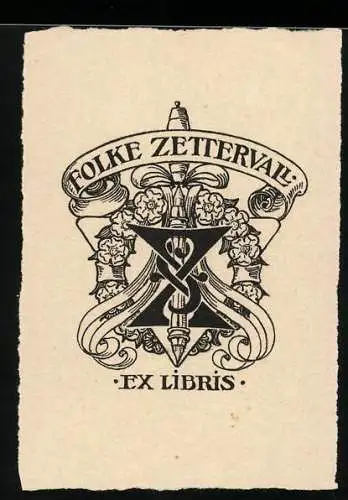 Exlibris Folke Zettervall, Blumenkranz und Initialen