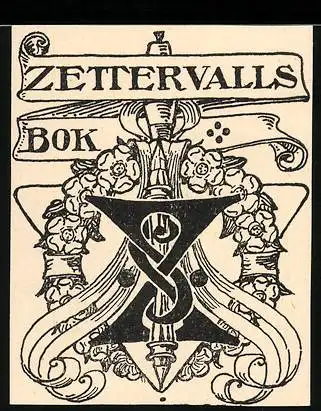 Exlibris Folke Zettervall, Blumenkranz und Initialen