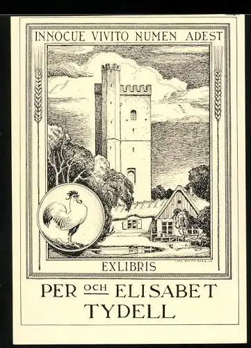 Exlibris von Carl Oscar Borg für Elisabet Tydell, Ortsansicht mit gehöft und Wehrturm, Hahn